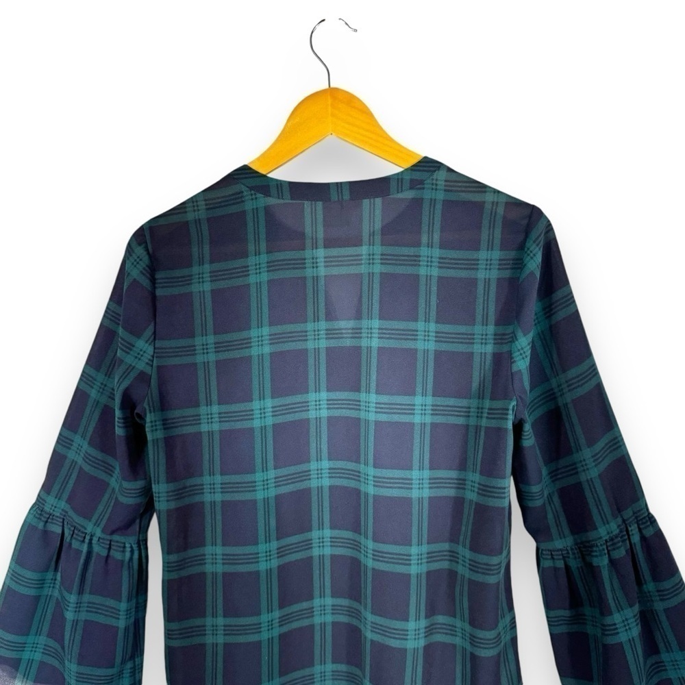 J Crew Factory V Neck Bell Sleeve Holiday Blouse, Black Watch Plaid, Size Small - Picture 9 of 10